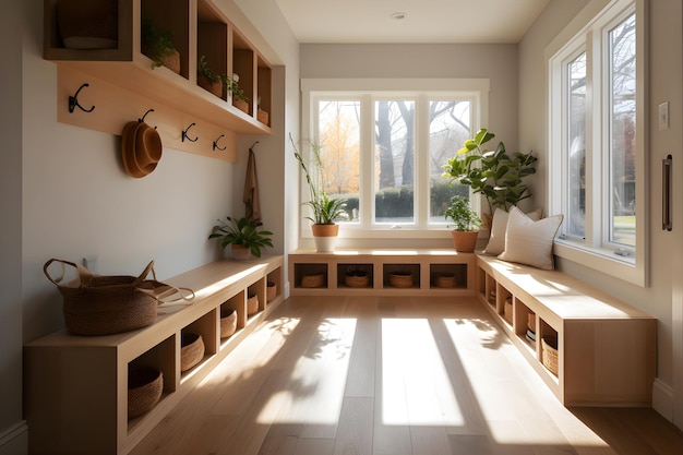 Ein Zimmer mit einem Fenster, auf dem eine Pflanze steht