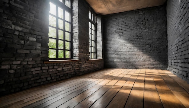 Ein Zimmer mit einem Fenster und einer schwarzen Ziegelsteinmauer, einem glatten braunen Holzboden, das Zimmer ist leer und das Fenster lässt das Sonnenlicht herein.