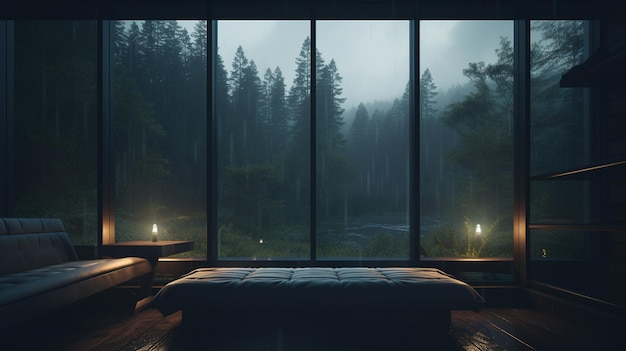 Ein Zimmer mit einem großen Fenster mit Blick auf den Wald und einem Bett mit einer Decke darauf.