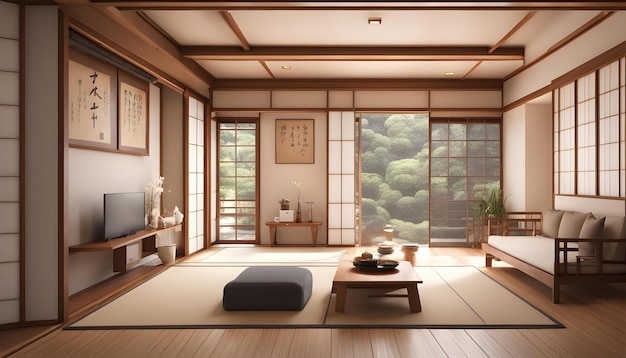 Foto ein zimmer mit einem großen fenster und einem kleinen tisch mit einem japanischen schild