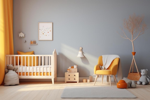 ein Zimmer mit einem Kinderbett, einem Baby und einer Wand mit einem gelben Stuhl und einem gerahmten Bild eines Babys im Zimmer.