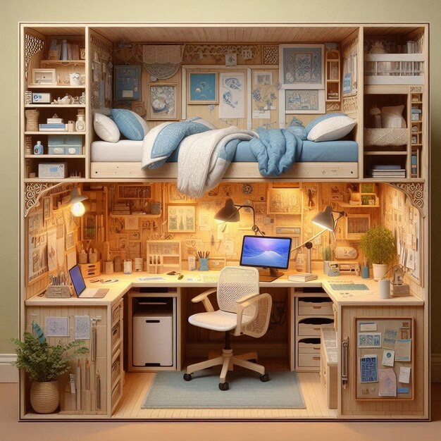 ein Zimmer mit einem Mann auf einem Computer und ein Bild eines Bettes mit einer blau-weißen Decke