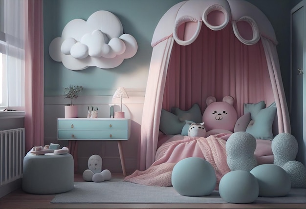 Ein Zimmer mit einem rosa Bett und einem blauen Bett mit einem Teddybären darauf.