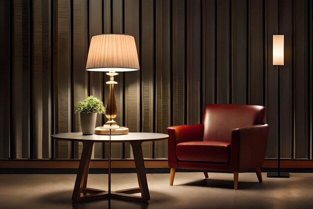 ein Zimmer mit einem roten Stuhl und einem Tisch mit einer Lampe darauf