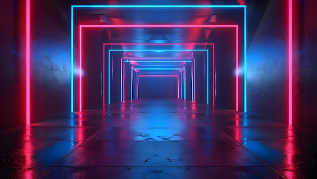 ein Zimmer mit einem roten und blauen Neonlicht und einem schwarzen Boden