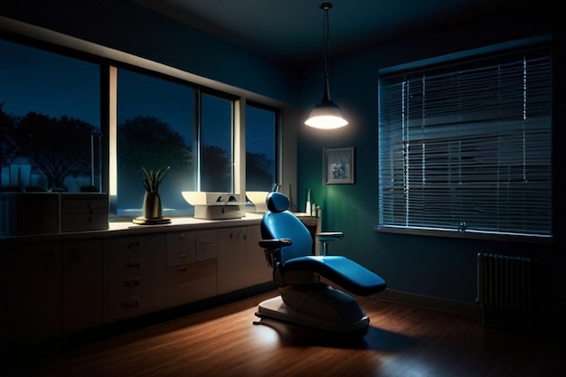 ein Zimmer mit einem Schreibtisch und einem Stuhl mit einem Licht darauf