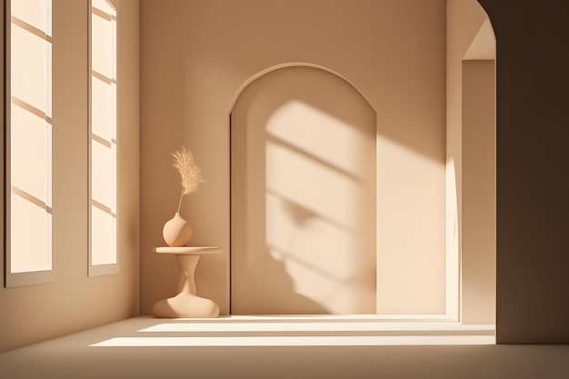Ein Zimmer mit einem Tisch und einer Vase darauf und einem Fenster, durch das die Sonne scheint.