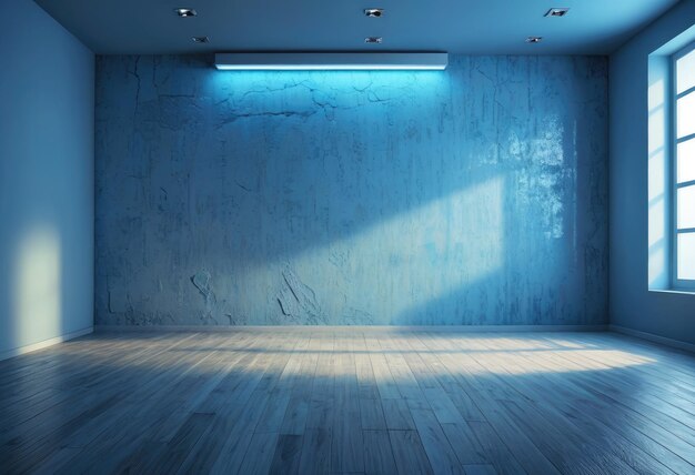 Foto ein zimmer mit einer blauen wand und einem licht an der wand