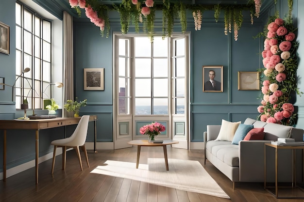 Ein Zimmer mit einer Couch, einem Tisch, einer Blumenvase und einem Fenster mit Blick auf die Stadt.