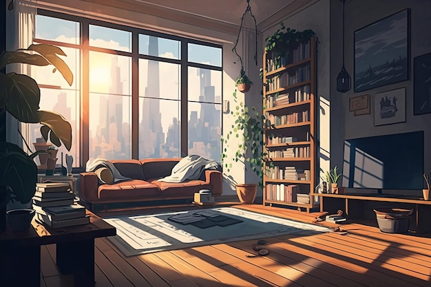 Ein Zimmer mit einer Couch und einem Bücherregal mit einem Bücherregal an der WandAi generativrle