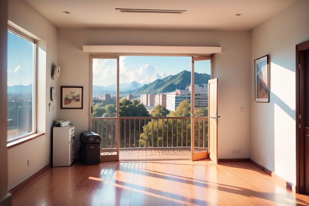 Ein Zimmer mit einer Glasschiebetür und Bergblick im Hintergrund.