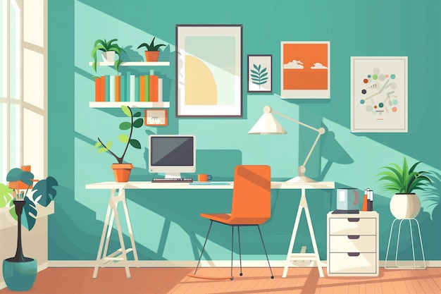 ein Zimmer mit einer grünen Wand und einem Schreibtisch mit einer Pflanze und einem Laptop