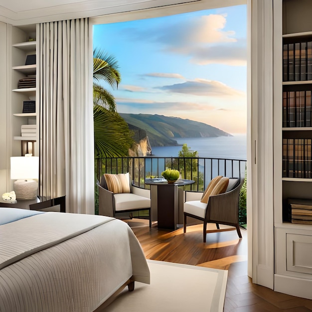 Ein Zimmer mit Meerblick und einem Balkon mit Meerblick.