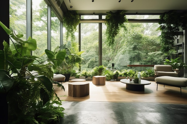 Ein Zimmer mit Pflanzen und einem großen Fenster