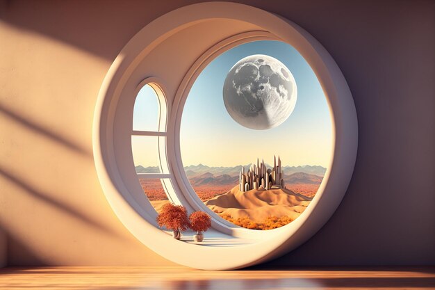 Foto ein zimmer mit rundem glasfenster mit blick auf den wunderschönen landschaftshintergrund