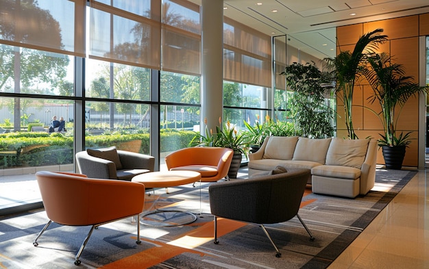ein Zimmer mit Sofa und Stühlen und einem großen Fenster