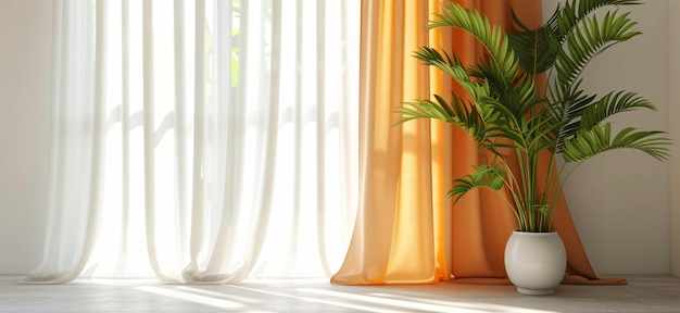 ein Zimmer mit Vorhängen und einer tropischen Pflanze im Topf