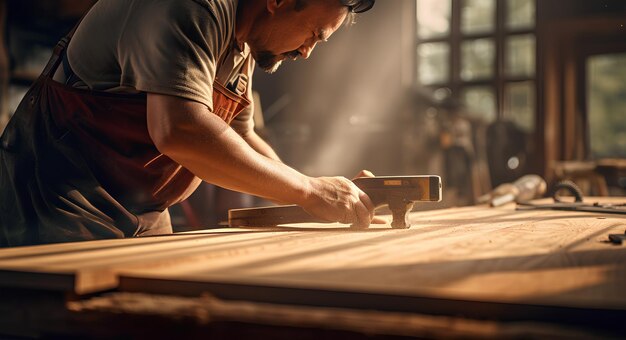 Ein Zimmermann macht einen Holztisch mit natürlichem Licht