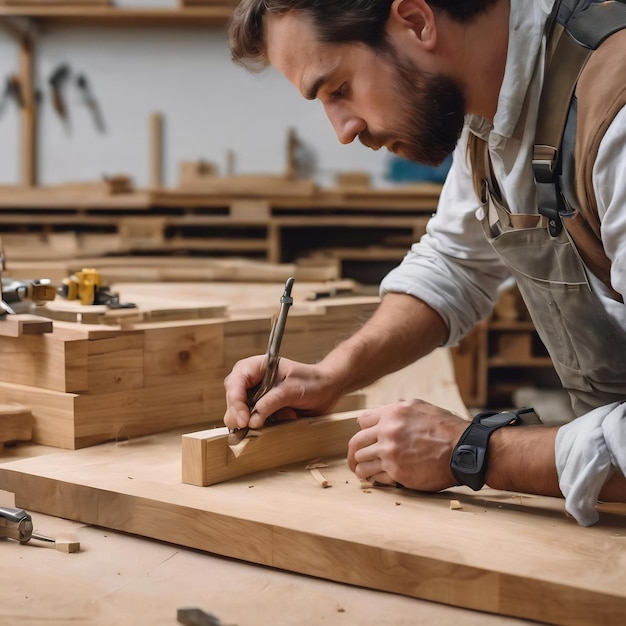 Ein Zimmermann montiert Holzmöbel und dreht die Fittings in eine Furnierplatte auf einer Werkstätte