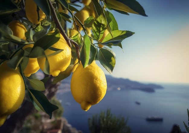 Ein Zitronenbaum mit Blick auf das Meer im Hintergrund.