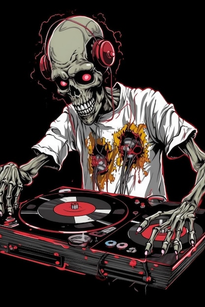 Ein Zombie-DJ auf einer Party mit einem Plattenspieler aus Knochen, einfaches professionelles T-Shirt-Design, AI Generated