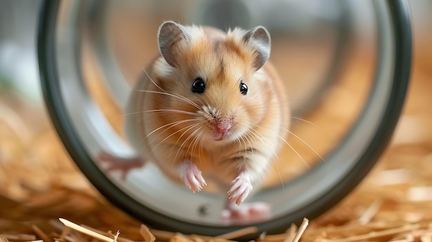 Foto ein zufriedener hamster, der auf einem rad läuft und seine bewegung und spielzeit genießt