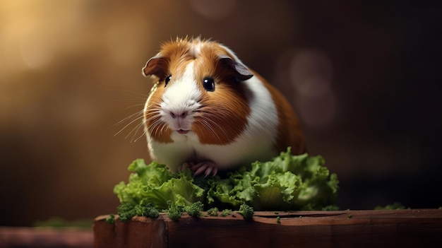 Ein zufriedenes Meerschweinchen, das an einem von der KI erzeugten Stück Salat kaut