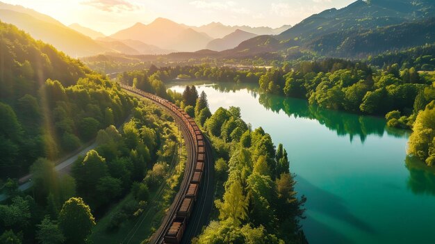 Ein Zug fährt durch einen dichten grünen Wald, der von lebendigem Laub und hohen Bäumen umgeben ist