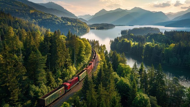 Ein Zug fährt durch einen dichten grünen Wald mit lebendigem Laub entlang seines Weges