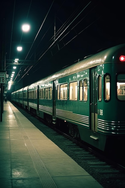 Ein Zug fährt in einem dunklen Bahnhof die Gleise hinunter