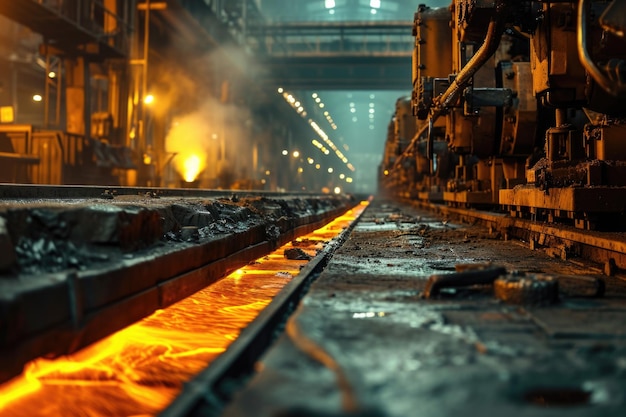Foto ein zug fährt in einer fabrik die gleise hinunter. dieses bild kann verwendet werden, um transport, industrielle prozesse oder fertigung darzustellen.