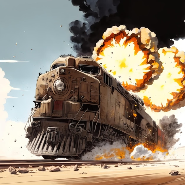 Ein Zug fährt mit einer großen Explosion dahinter die Gleise hinunter.