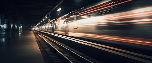 Ein Zug fährt mit verschwommenen Lichtern an einem Bahnhof vorbei.