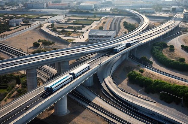 Ein Zug fährt über mehrere sich kreuzende Autobahnen