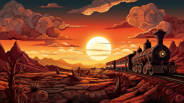 Ein Zug in der Wüste bei Sonnenuntergang.