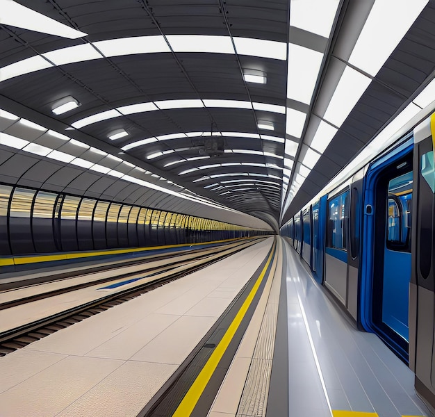 Ein Zug in einem Tunnel mit einer blauen Tür, auf der Metro steht.