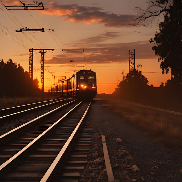 ein Zug kommt bei Sonnenuntergang die Gleise hinunter