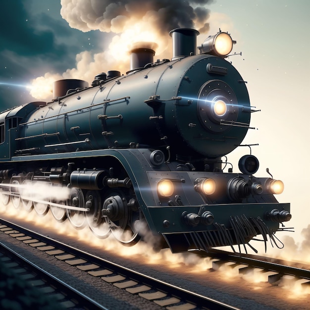Ein Zug mit eingeschaltetem Licht, aus dem Rauch aufsteigt.