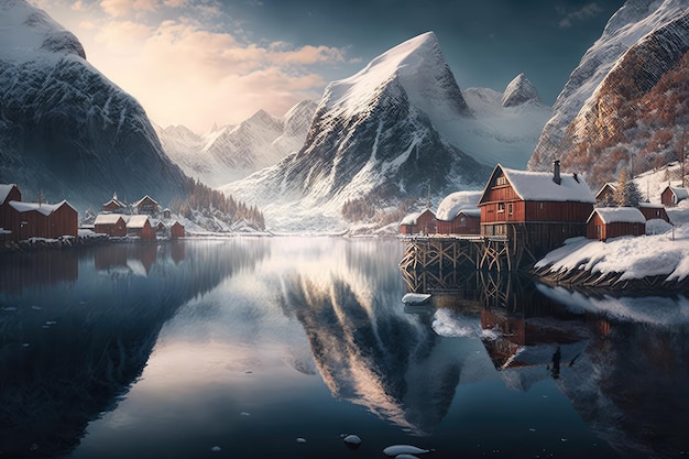 Ein zugefrorener Fjord mit einem malerischen Dorf im Hintergrund, umgeben von schneebedeckten Bergen