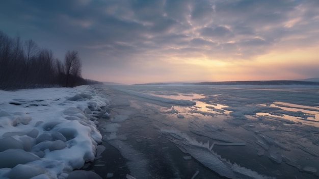 Ein zugefrorener Fluss im Winter mit bewölktem Himmel