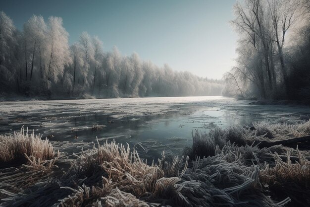Ein zugefrorener Fluss im Winter mit Frost auf dem Boden