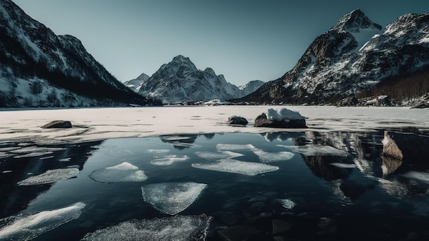 Ein zugefrorener See mit im Wasser schwimmenden Eisbergen