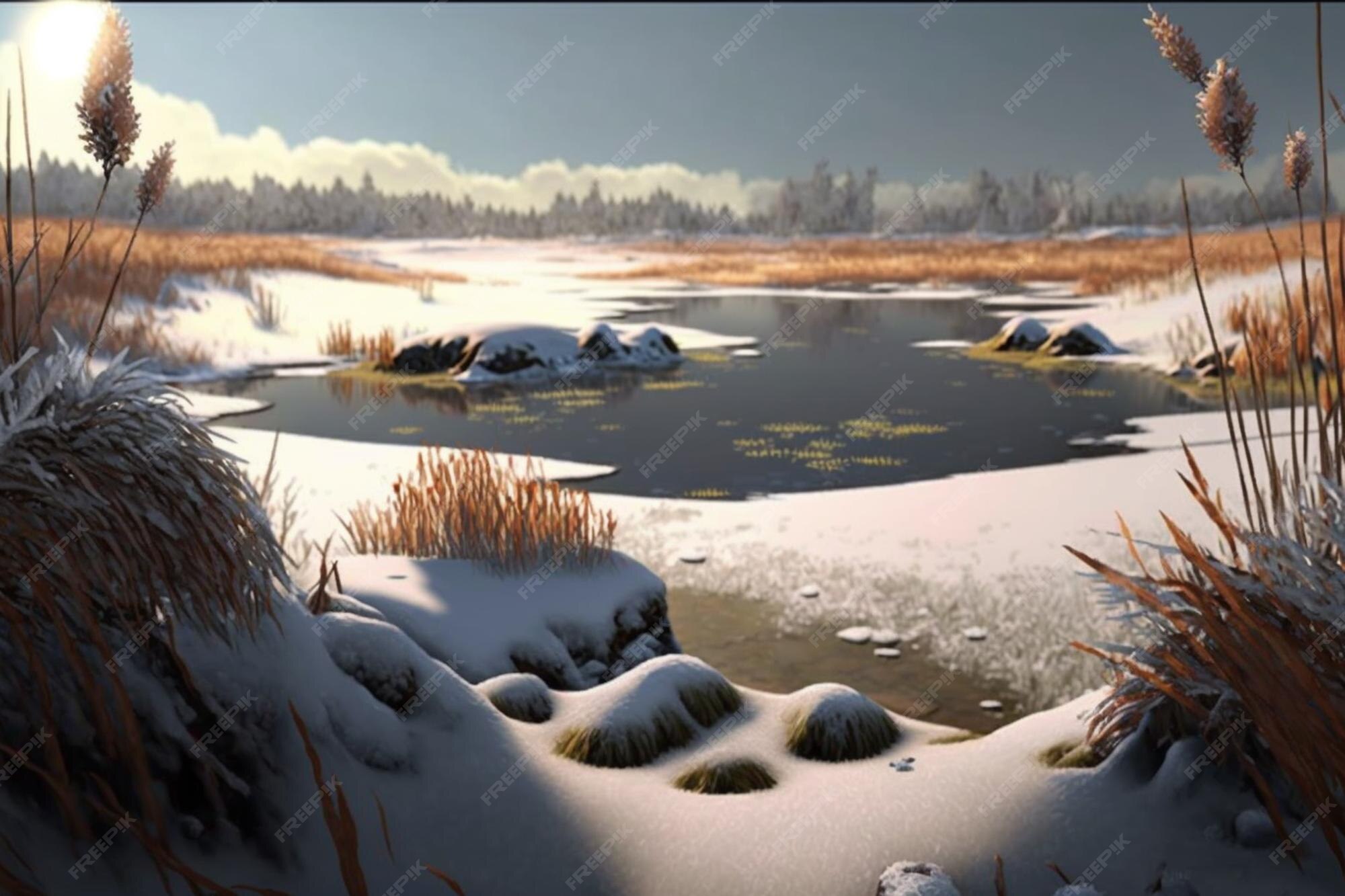 Ein zugefrorener teich mit schnee auf dem boden und ein zugefrorener