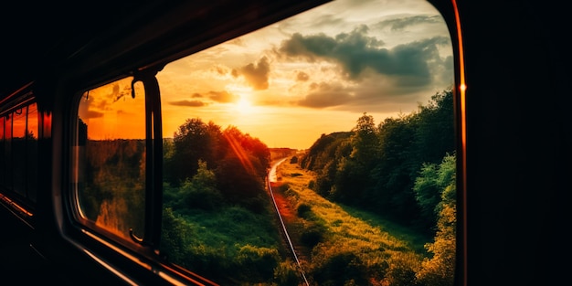 Ein Zugfenster mit einem Sonnenuntergang im Hintergrund