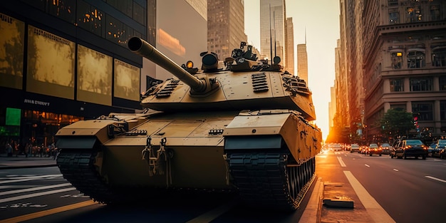 Ein zukünftiger Kriegspanzer macht eine wilde Verfolgungsjagd New York City 42nd Street Sunset