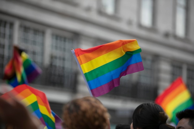 Ein Zuschauer schwenkt eine schwule Regenbogenfahne bei einem LGBT-Gay-Pride-Marsch in London