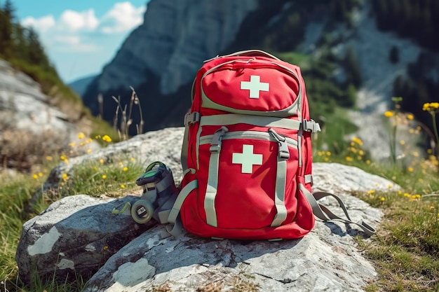 Ein zuverlässiger Erste-Hilfe-Rucksack steht auf einem stabilen Felsen entlang eines malerischen Bergpfads und ist für jedes Outdoor-Abenteuer bereit. AI Generated