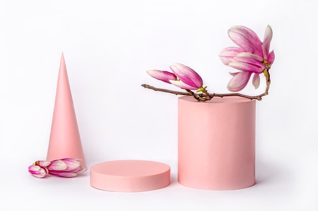 Ein Zweig der blühenden Magnolie auf einer rosa Box auf weißem Hintergrund Frühling Minimale Konzeptidee