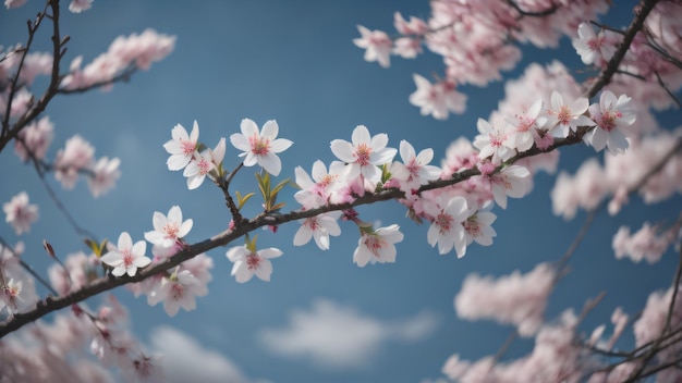 Ein Zweig der Kirschblüten mit dem Himmel im Hintergrund