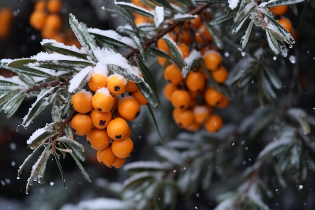 Ein Zweig eines Baumes, bedeckt mit Schnee und orangefarbenen Beeren